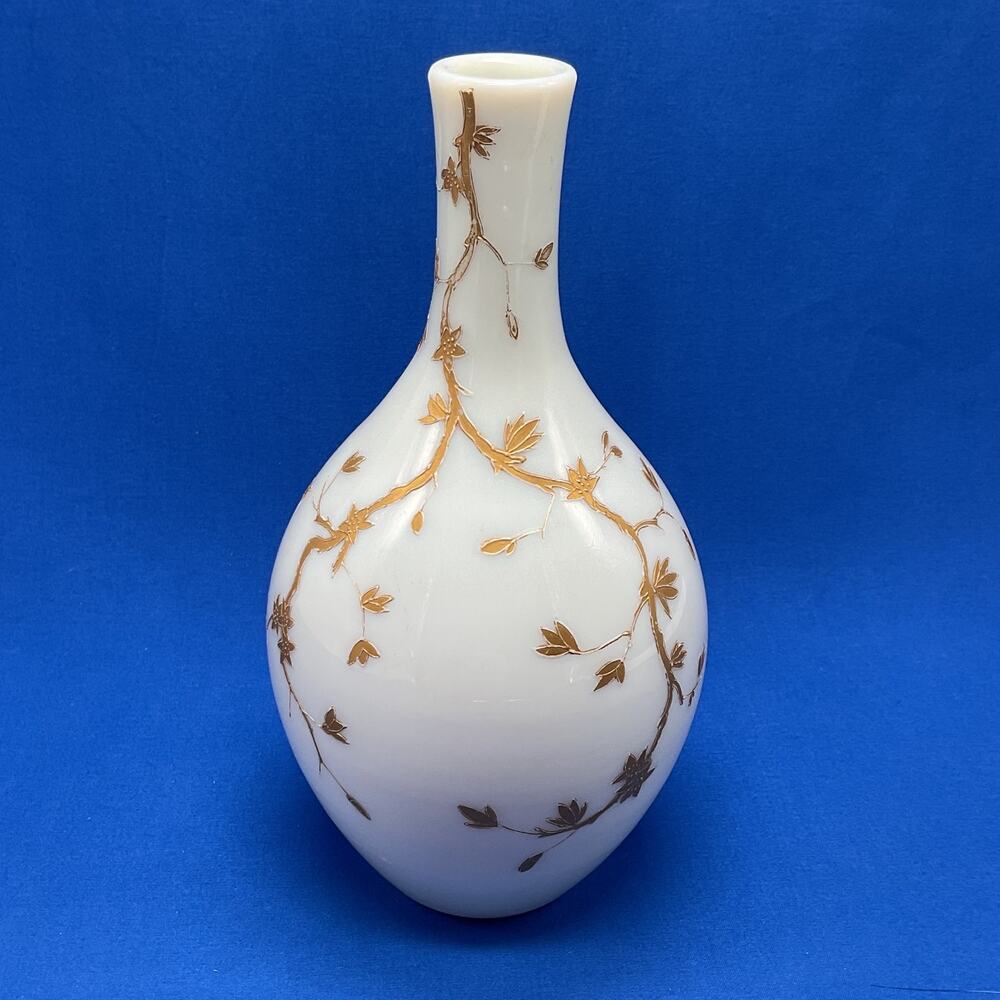 Antique Thomas Webb White Opaline glass Vase Hand Painted 8in tall GLOWS